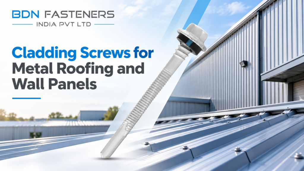 BDN Fasteners cladding screw with sealing washer for metal roofing and wall panels on an industrial steel building.